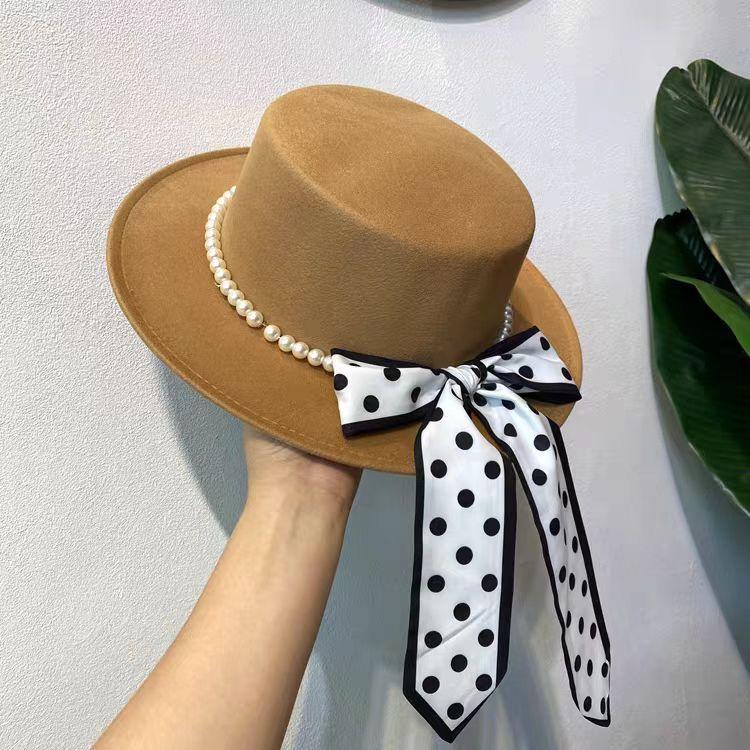 ins French celebrity style pearl ribbon woolen flat top top hat women's elegant temperament black jazz hat self-operated