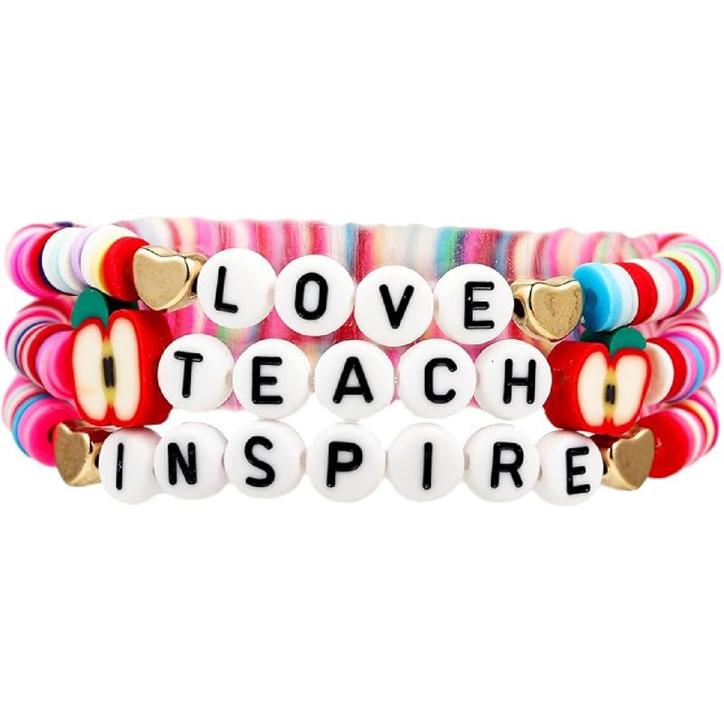 tenghong2021 Acrylic Bead Elastic Rope Beaded Bracelet for Women Handmade Wood Beaded Teacher Appreciation Strand Bracelets Teach Inspire Beaded