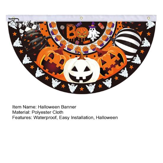 Large Halloween Yard Backdrop Semi Circle Bunting Banner, Pumpkin Bat Porch Decor, Haunted House Party Decor Spooky Festive Hanging Flag for