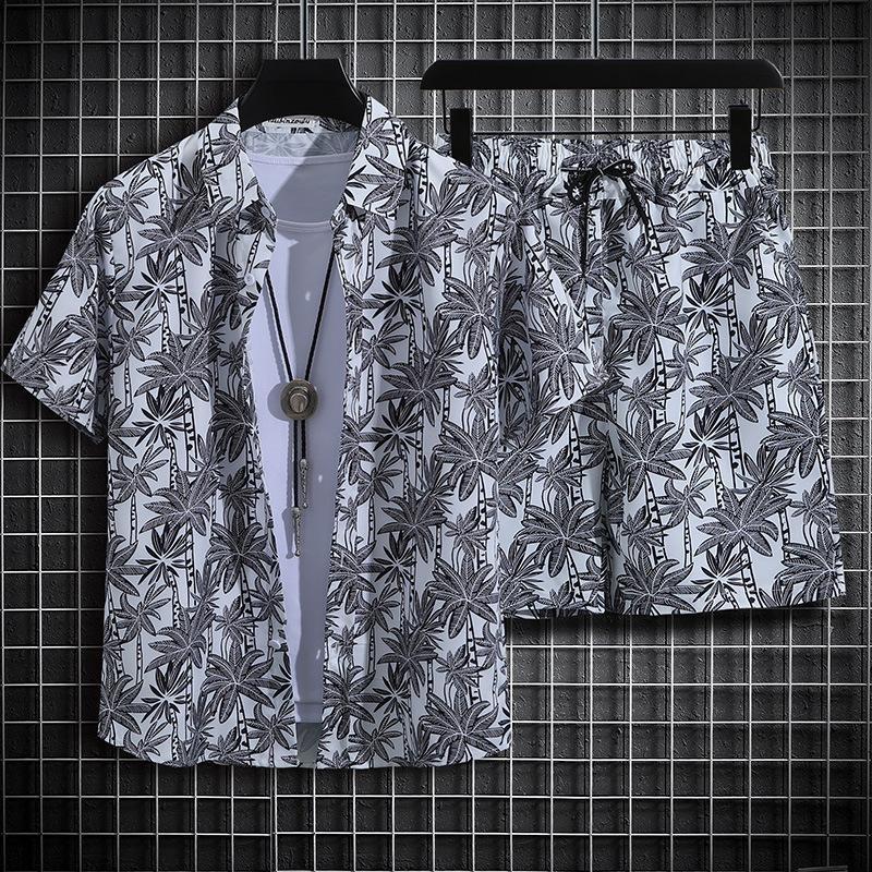 Set Camicia a Maniche Corte con Stampa Hawaiana alla Moda Uomo Abito Due Pezzi