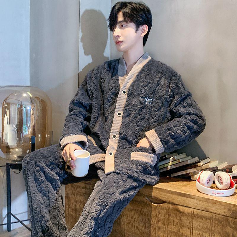 

Men s Plus Size Flannel Fleece Home Wear Set - Thickened for Autumn and Winter Men s L (45-65 kg)