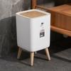 High Foot Trash Can Wood-Like Design Wooden Trash Bin Creative Press Dustbin  Bathroom