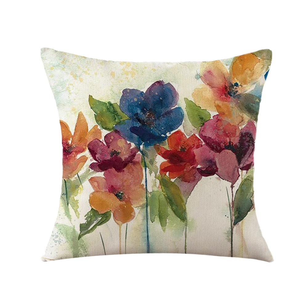 Pillow Linen Printed Pillow Cover Ins Plant Watercolor Printed Pillow Home Decoration Festival Fabric Cushion Bedside Backrest
