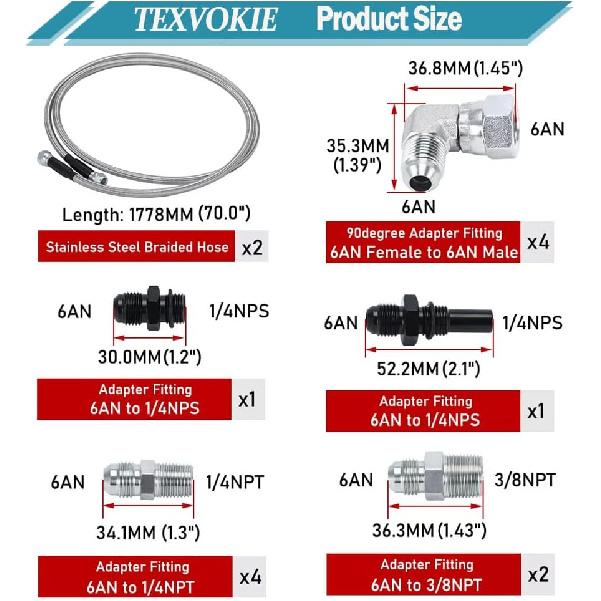 6AN 70" Transmission Fluid Oil Cooler Hose Line Kit&Separator Clamp, Fit for GM Chevy Transmission TH400 4L60E 4L80E TH350 700R4 200-4R TR6060 Ford