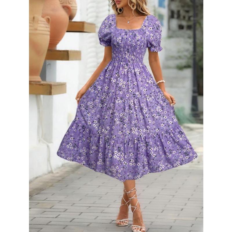 

Women Dress Printed Square Collar Waist Puff Sleeve Layered Women s Dress Sweet Style Dress XXXL