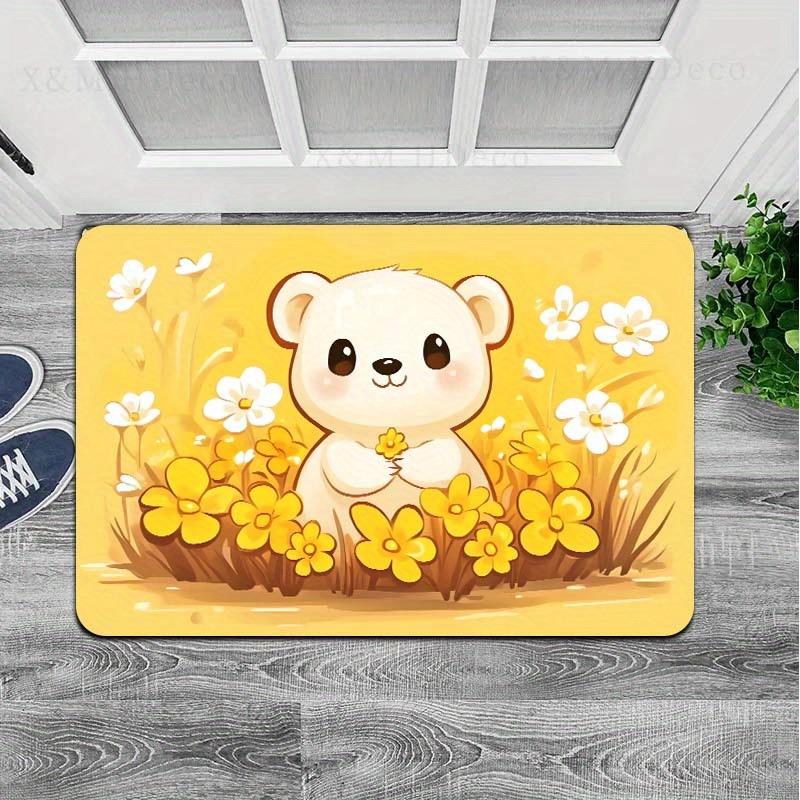 

1pc, Cute Cartoon Bear with Flowers, 8mm Thick, Machine Washable, Rectangular Polyester Door Mat, PVC Backing, for Entryway, Lau 40cm x 60cm