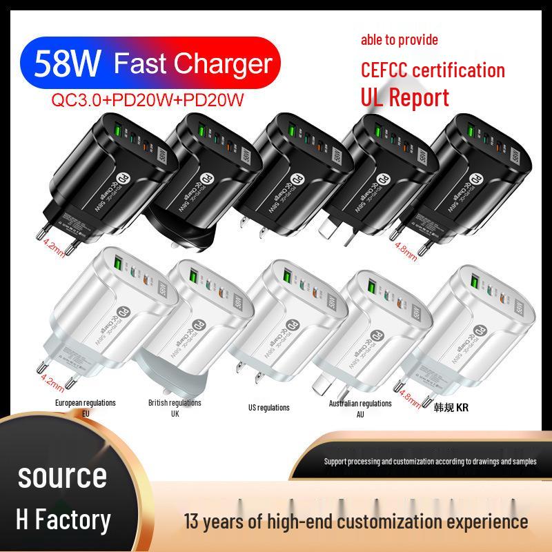 58W Multi-Plug Fast Charger with Dual USB & Type-C PD Ports
