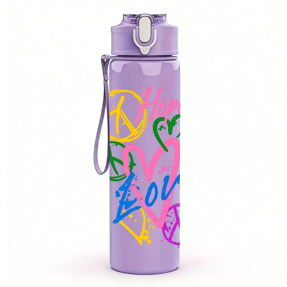 1PC Hope Love Peace Colorful Letter Print 750ml Color Plastic Sports Water Bottle Leakproof Flip Straw Lid Suitable for Sports Office Home Use