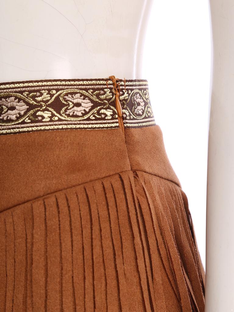 Womens Tribal Princess Set Off Shoulder Crop Top Mini Skirt Vintage Pattern Trim Tiered Tassel Faux Suede Costume