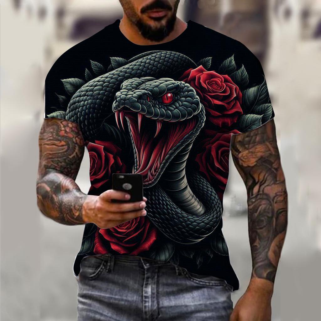 3D Printing 2025 New Year Snake Year Fierce Men's Casual Short Sleeve T-shirt Comfortable Breathable Retro Printed Short Sleeve