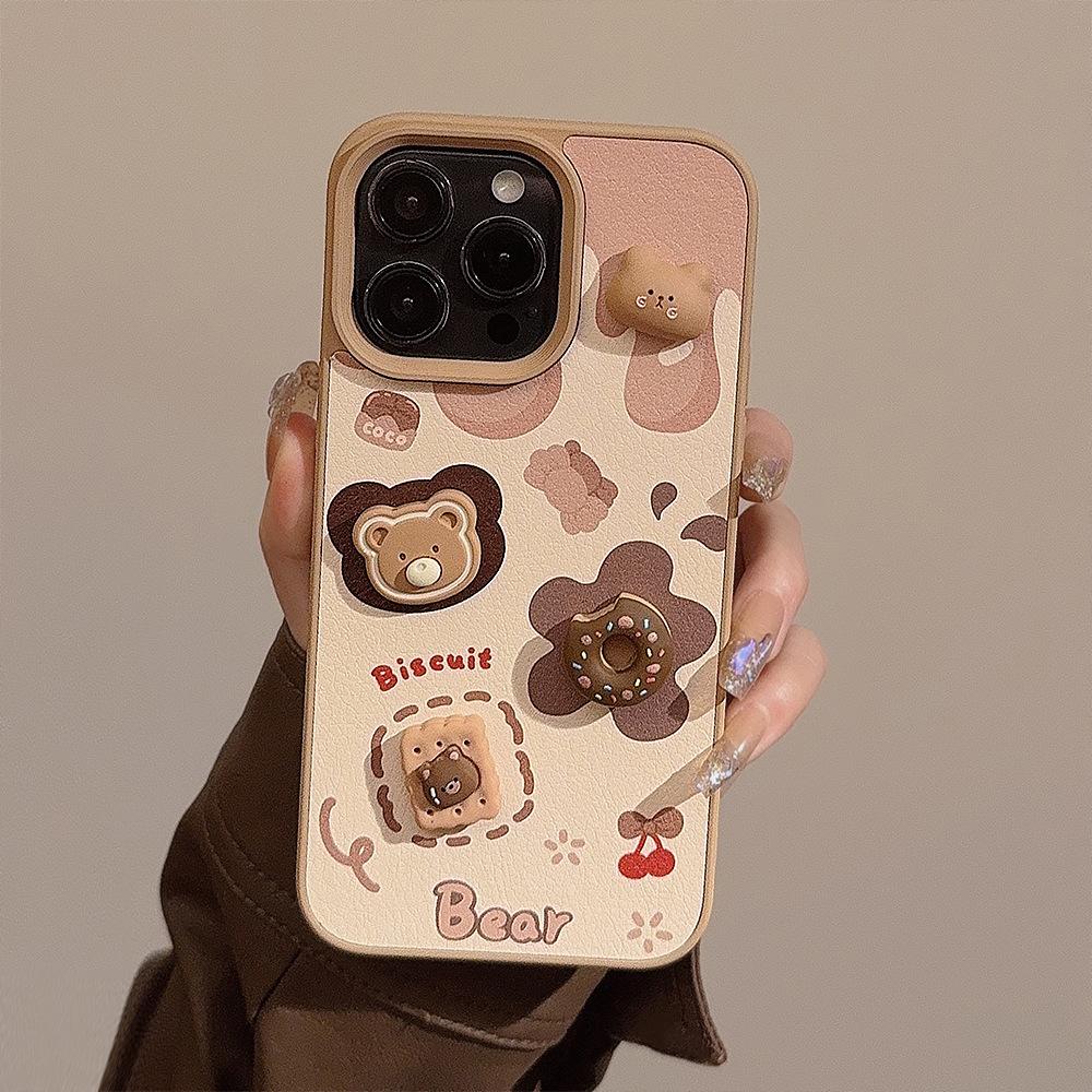 3D Cookie Bear Apple IPhone 16/17 Pro Max Leather Case for IPhone 13/15 Cute Lanyard