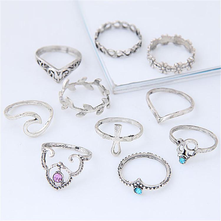 Fashion, Ethnic Style, Retro Metal Flower Leaf Twist Set, Ten-piece Set Ring