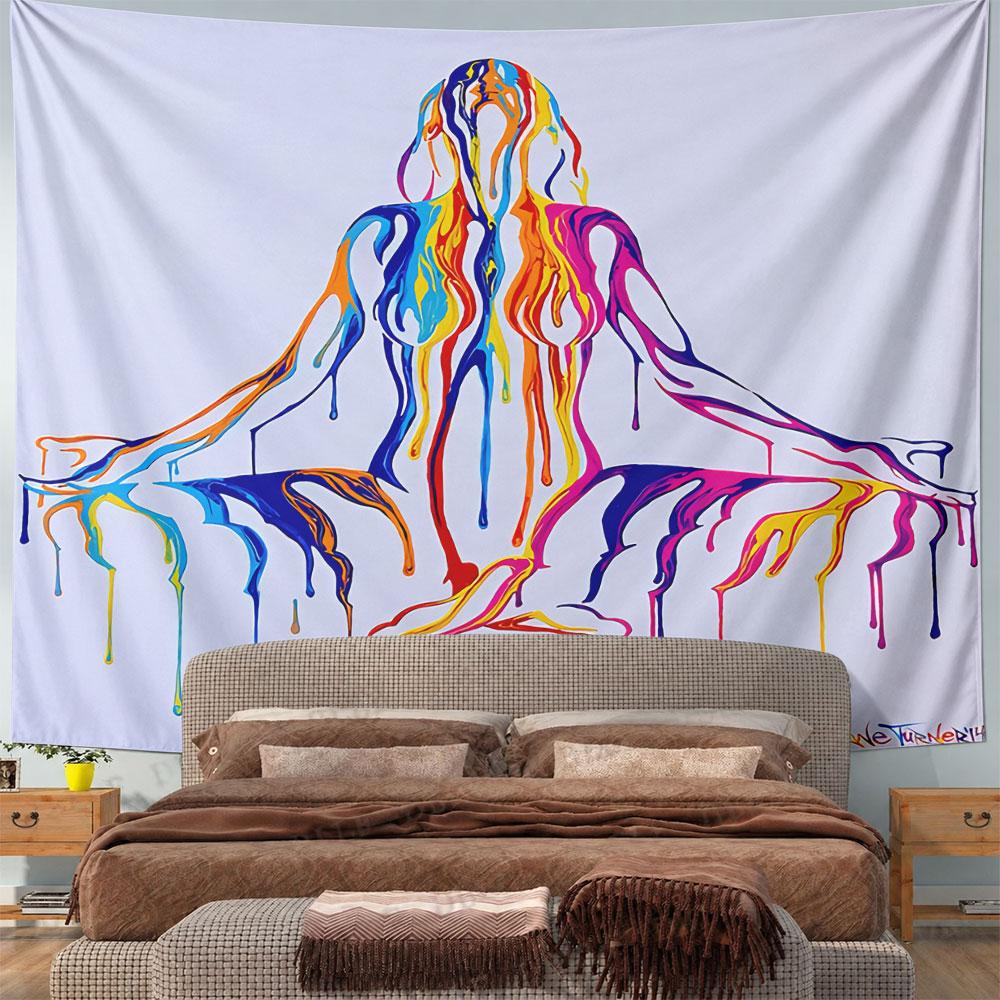 Dripping Paint Woman Meditation Tapestry Wall Hanging Abstract Fluid Art Decor for Bedroom Living Room