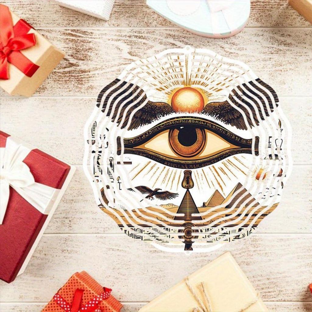 1pc 2D Ancient Egyptian Pharaoh's Eye Mandala Rotating Wind Chime - Metal Outdoor Garden Decor with 360° Rotating Hook, No Electricity Needed