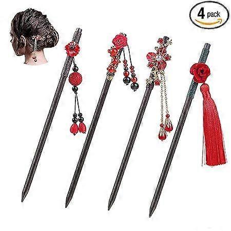 5PCS Chinese Hair Stick with Tassel: Wood New Year Hairpin - Traditional Hanfu Hair Accessories for Women - Dangle Tassel Pins for Bun Updo Hairstyles