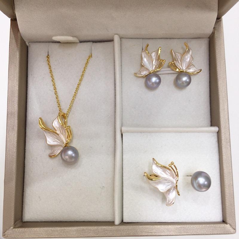 Zhuji Natur Süßwasserperlen Set - Damen mattierte Schmetterlingsperlen Ohrringe, 18 Karat Gold Filled & Anlaufgeschützt