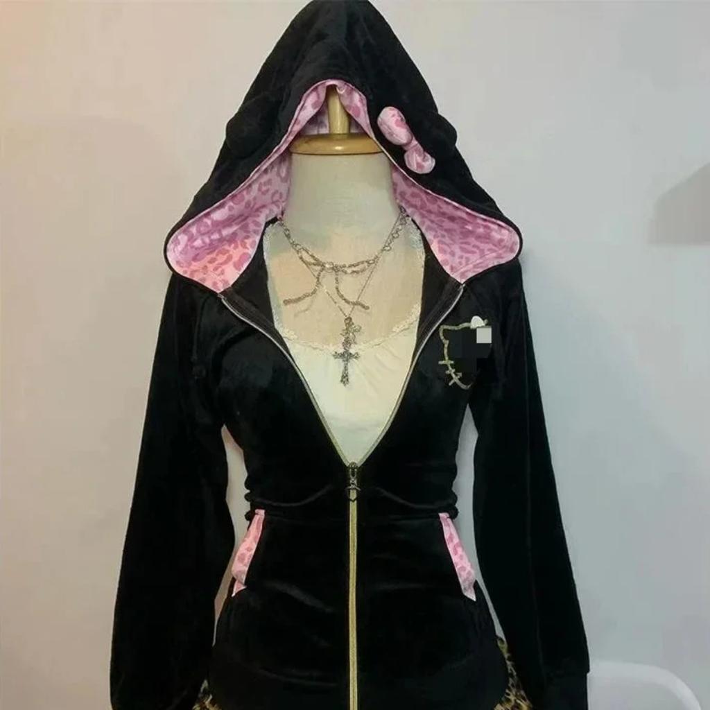 VAYLA Streetwear Y2K Dame Pullover Hettegenser Retro Harajuku Rosa Leopardtrykk Lappeteppe Genser Mote Trend Sportsklær Hettegenser Topp