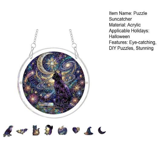 Yousheng Acrylic Puzzle Suncatcher, Halloween Black Cat Castle Raven DIY Sun Catcher Kit, Stained Glass Window Hanging Ornament for Home, Garden