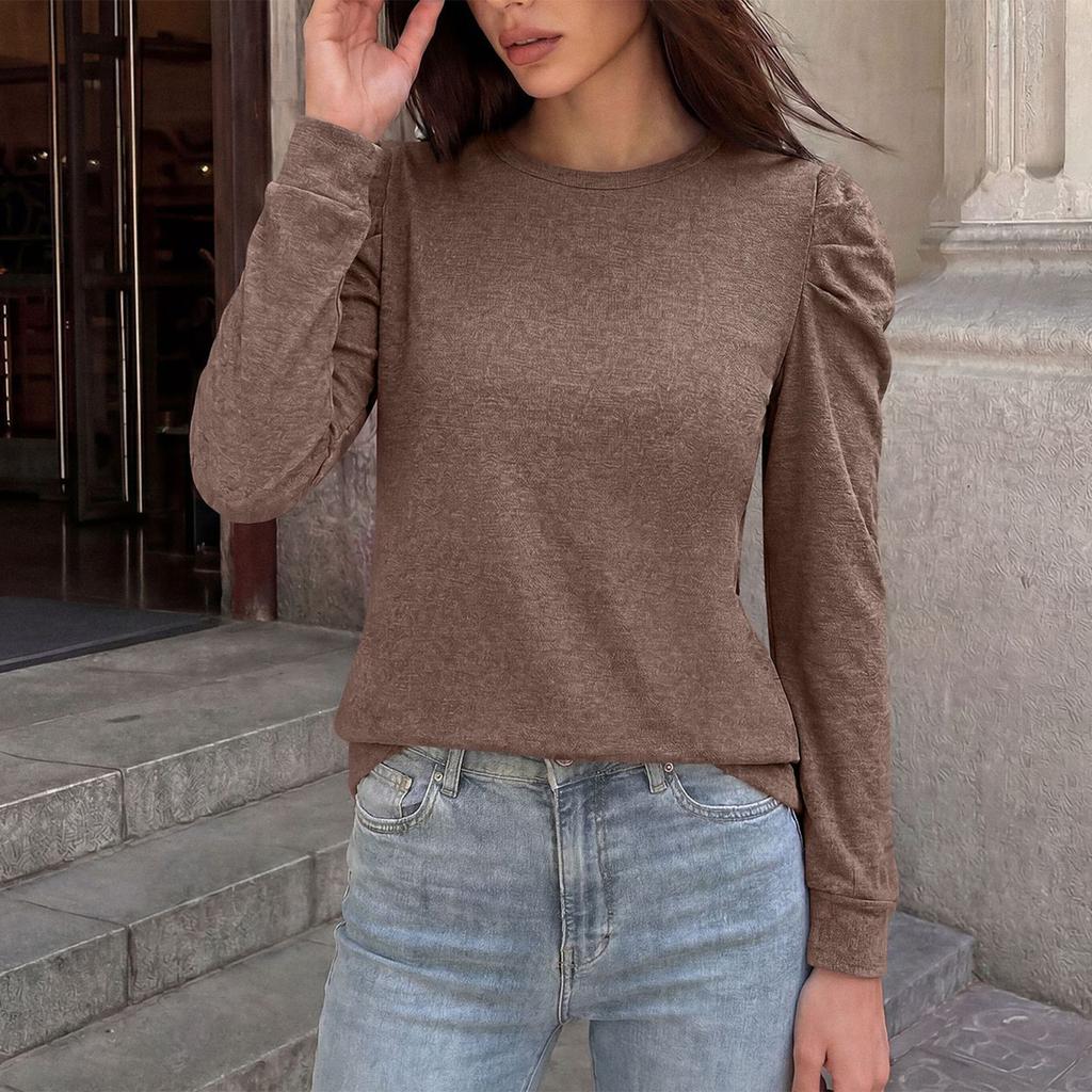 Women's Fashion Loose Fit Long Sleeve T Shirt Crew Neck Pleated Shoulder Detail Casual Top for Everyday Wear