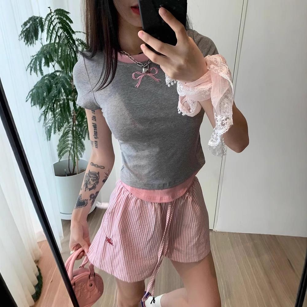 Hong Kong Style Striped Embroidered Drawstring Wide-Leg Shorts for Women - Casual, Versatile, and Lightweight