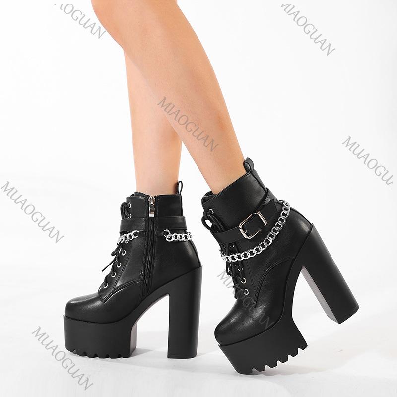 Women's Chain Decor Block Heeled Ankle Boots Fashion Lace Up Side Zipper Platform Punk Style Chunky High Heels Short Booties