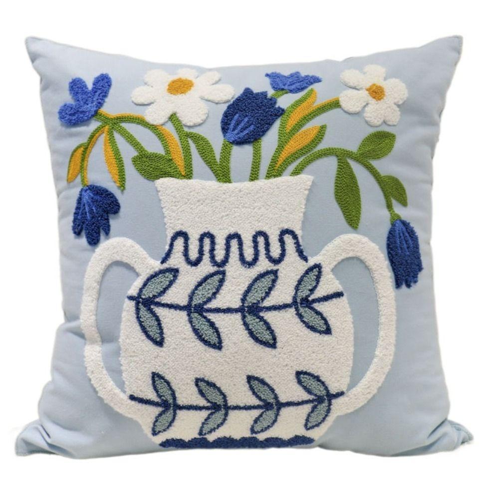 

Хлопковая и льняная наволочка с вышивкой в виде цветов, Чехол для подушки для гостиной/офиса синий