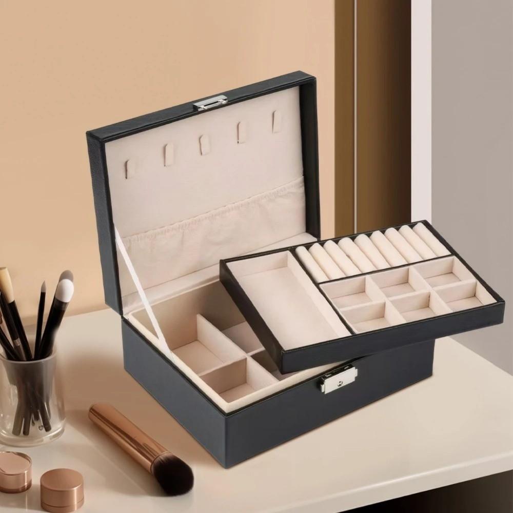 2 Layer Double-layer Jewelry Box with Lock Jewelry Display Case Home and Travel
