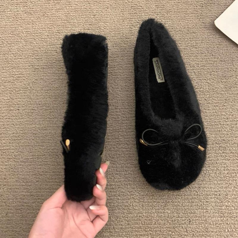 Fashion Fur Women Cotton Shoes Bow Warm Flats Cozy Shoes Winter Fashion Shallow Snow Boots 2025 New Short Plush Dress Botas De Mujer