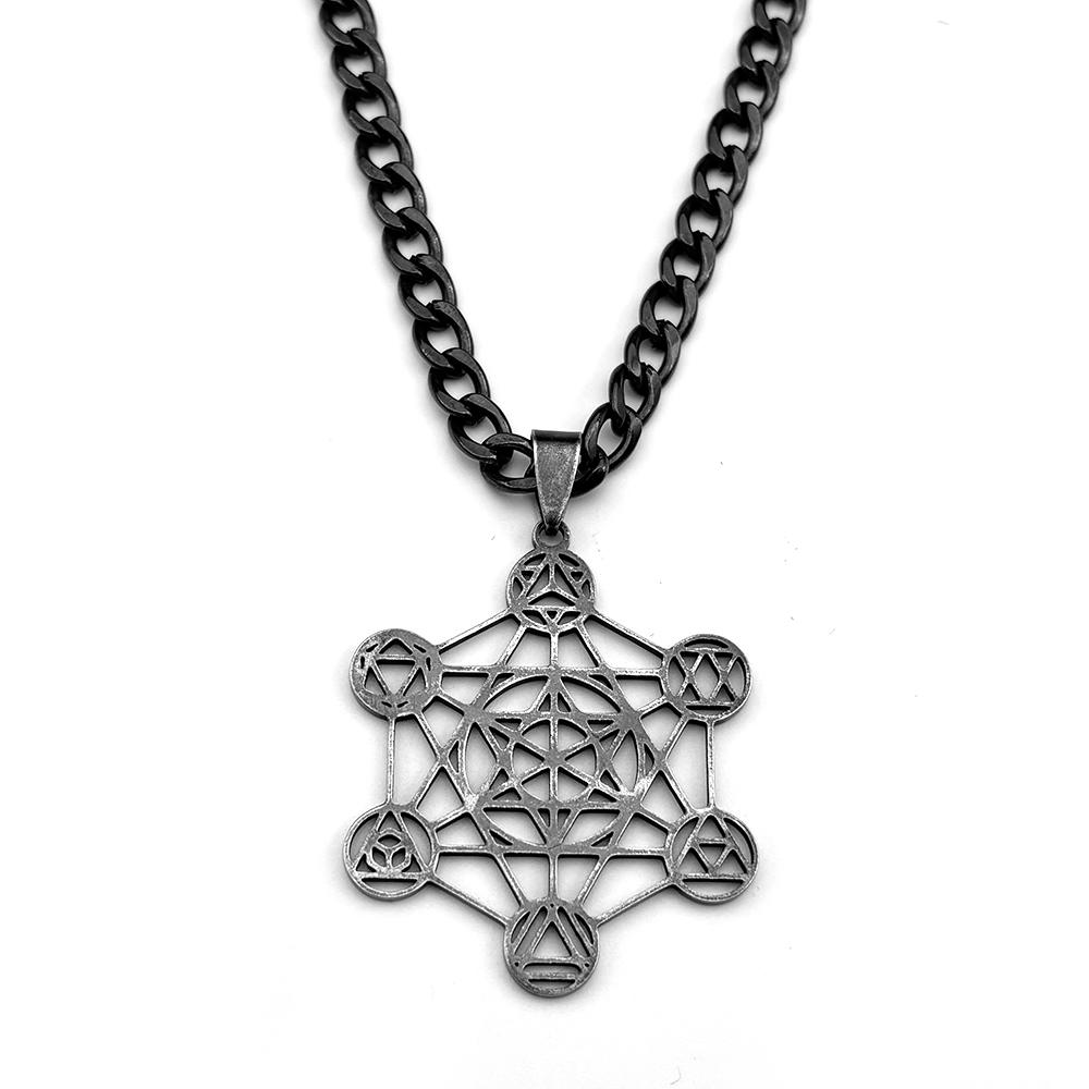 Yoga 7 Chakra Stainless Steel Pendant Necklace Gun Black Color Sacred Geometry Angel Seal Metatron Cube Symbol Chain Jewelry