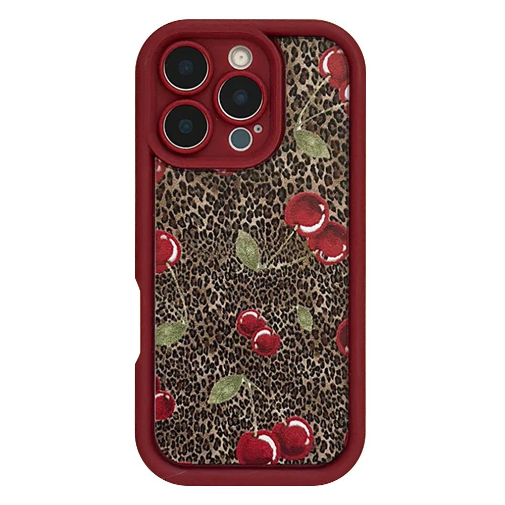 For iPhone 16 Pro Case Cherry Leopard Pattern Shockproof TPU Phone Cover