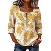 Womens Retro Floral Print Square Neck 3 Quarter Sleeve Casual Loose Top