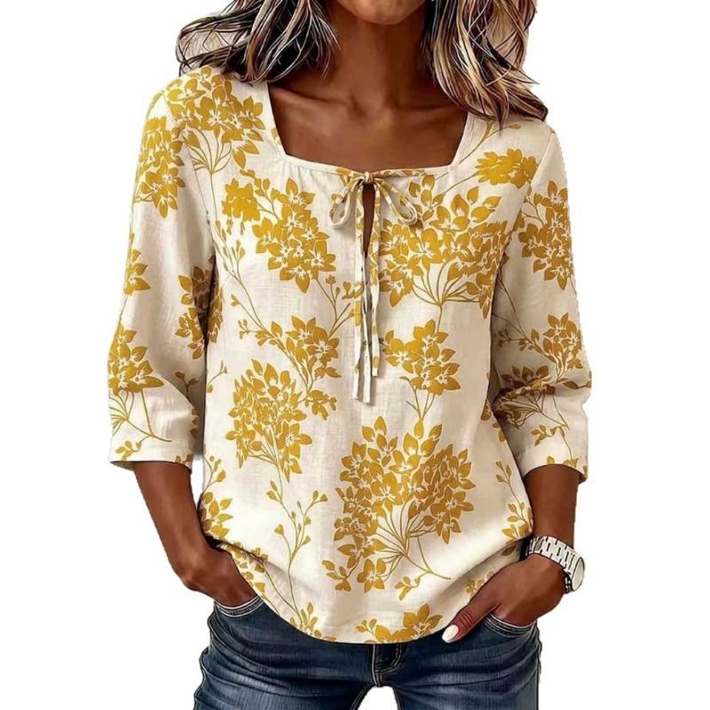 Womens Retro Floral Print Square Neck 3 Quarter Sleeve Casual Loose Top