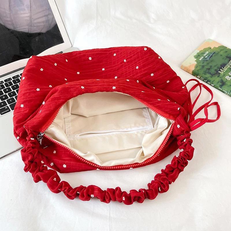 Red Floral Canvas Shoulder Bag Adjustable Ruffled Strap Large Capacity For Commute Shopping Travel