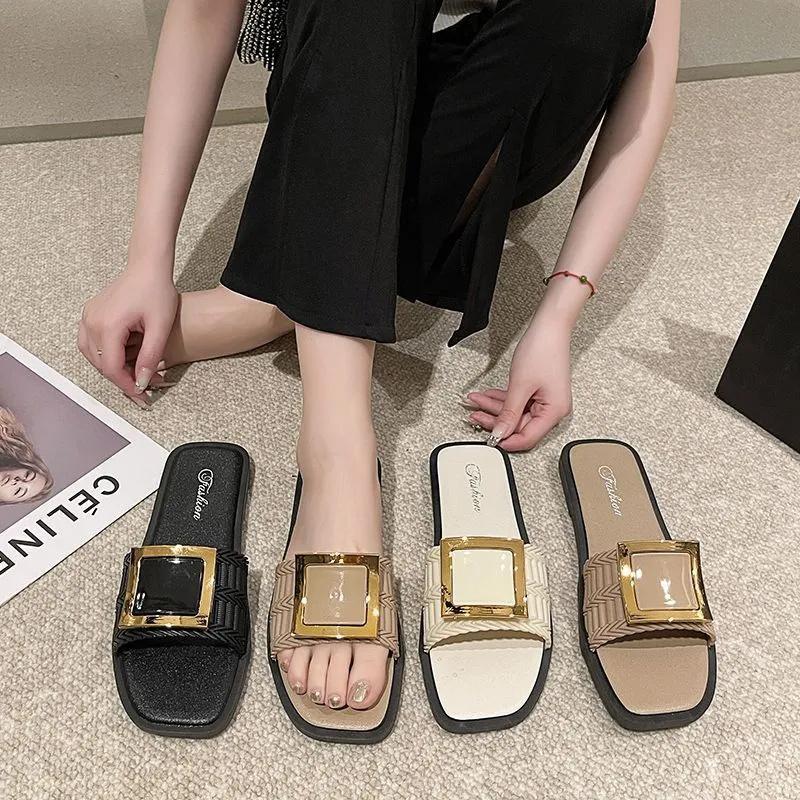 Woven Strap Lightweight Slip On Women Sandals Flat Open Toe Casual Summer Slides Comfortable Outdoor Footwear