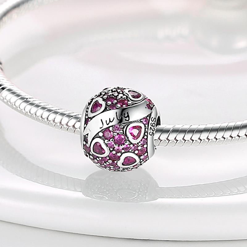 Twelve Months Birthstone Circle Colored Zircon Heart Charms Copper Pink Blue Fit Original Dangle Bracelet Beads Diy Jewelry