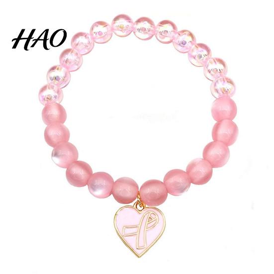 Inspirational Hope Engraved Jewelry Breast Cancer Awareness Bracelets for Women, Ribbon Women Charity Event Souvenir Charm Beaded Elastic Bracelet,