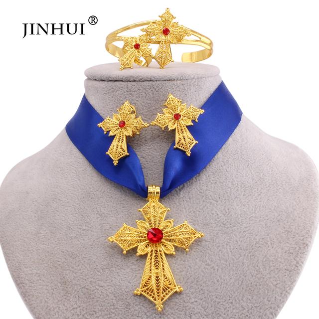 Ensemble de bijoux éthiopiens plaqués or, croix, pendentif, collier, boucles d'oreilles, bague, cadeaux de dubaï pour femmes, ensemble de mariée de mariage érythréen