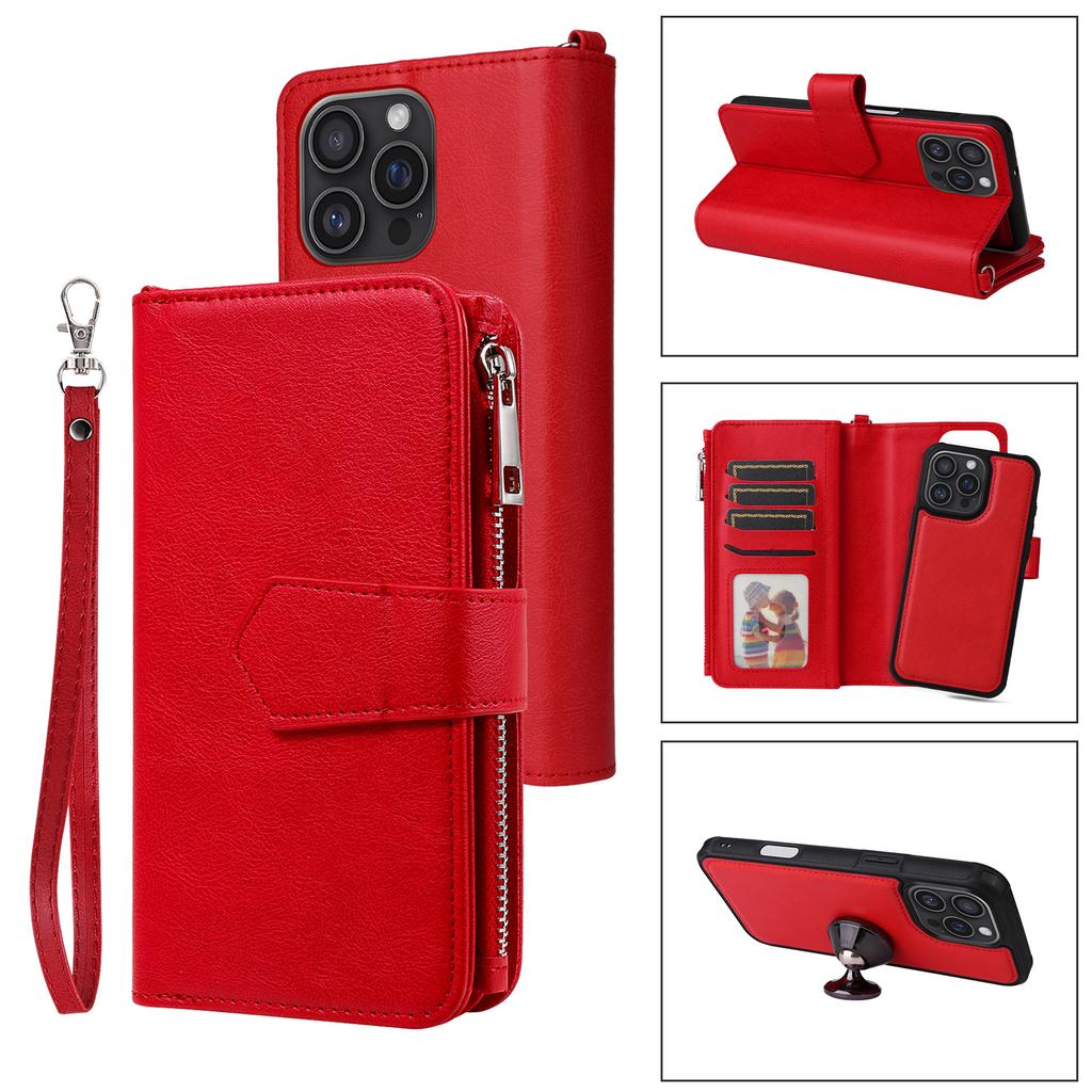 For iPhone 16 Pro Max Magnetic Leather Case Mobile Cover with Detachable Zipper Wallet Strap