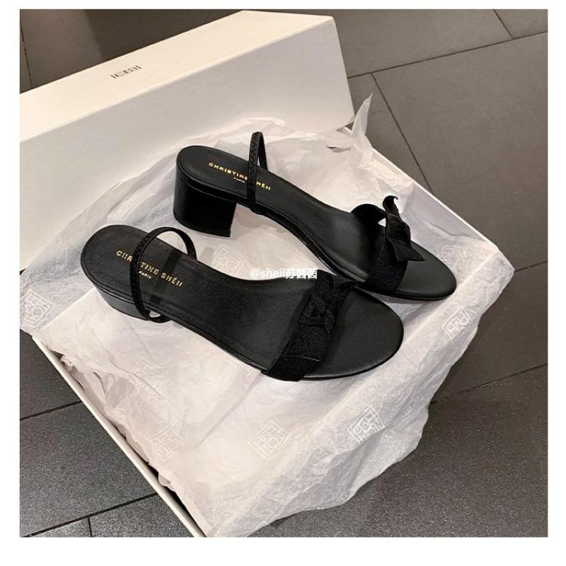 

SheII] Mainly lazy~ the * ow bow word with thick heel sandals women s flat summer 35 чорний
