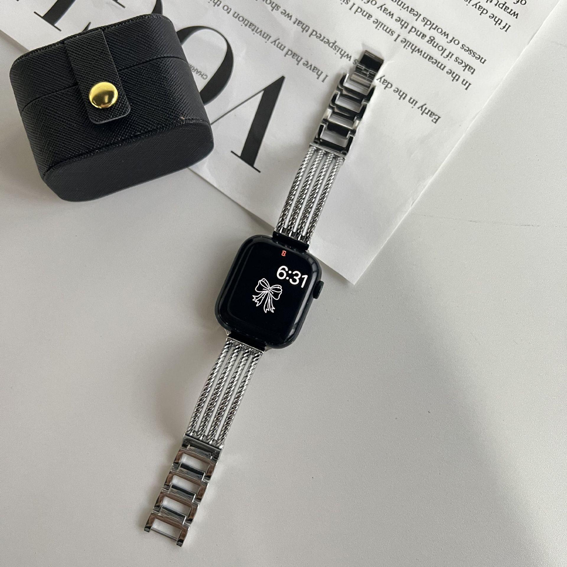 

Подходит для Applewatch9 Apple Watch Iwatch876 Поколения Se Полосатый Браслет Металлический Ремешок Маленький Аромат 38/40/41mm серебряный