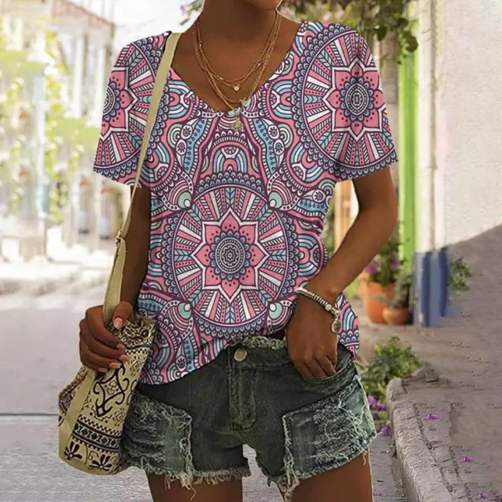3D V Neck T Shirt Vintage Women Mixed Floral Pattern Print Summer Ladies Shirt Tops Street Trend Loose Plus Size Ladies Tops