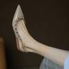 Naked Gray One-word Buckle Rivet Sandals 2025 Spring New Pointed Flat-soled Single Shoes Bag Head Buckle Women's Shoes Ins