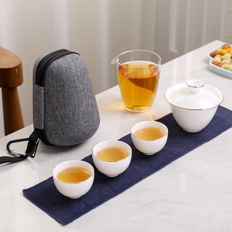 Yangzhi Jade Quick Dehua White Porcelain Brewing Gaiwan Portable Outdoor Travel Tea Set One Pot Three Cup