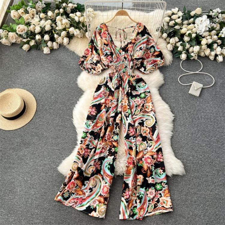 Sexy Waist Slim Jumpsuit with Dolman Sleeves Polka Dot Print Wide Leg Trousers Neck Design