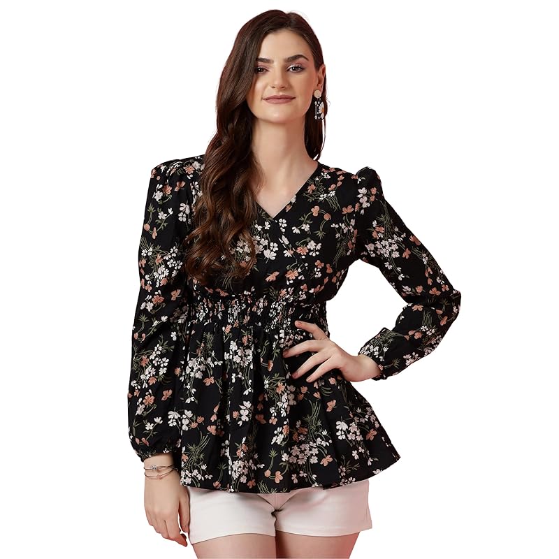 Sheetal Associates Women's Casual Puff Sleeves Floral Print Peplum Top