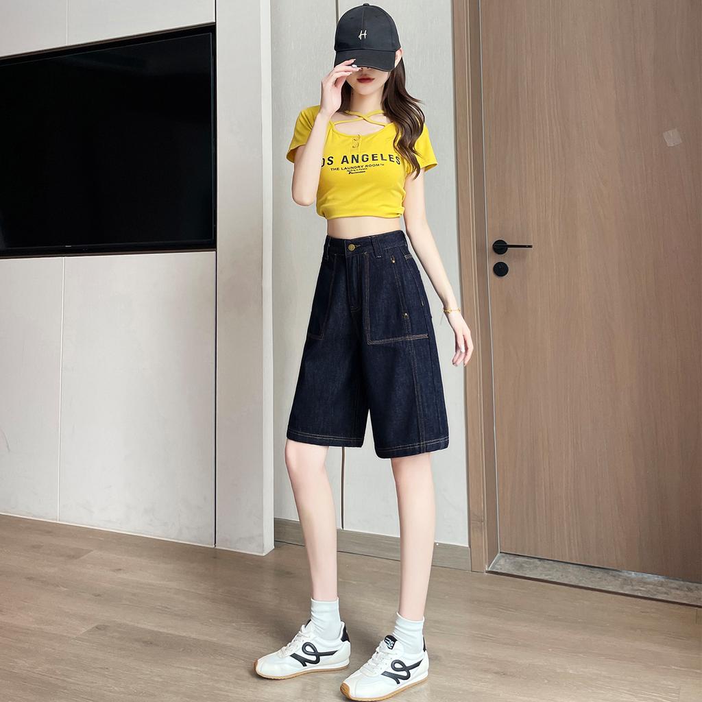 High-waisted Denim Five-point Shorts for Women In Summer Thin Straight and Loose New Style Slimming Wide-leg Medium Pants