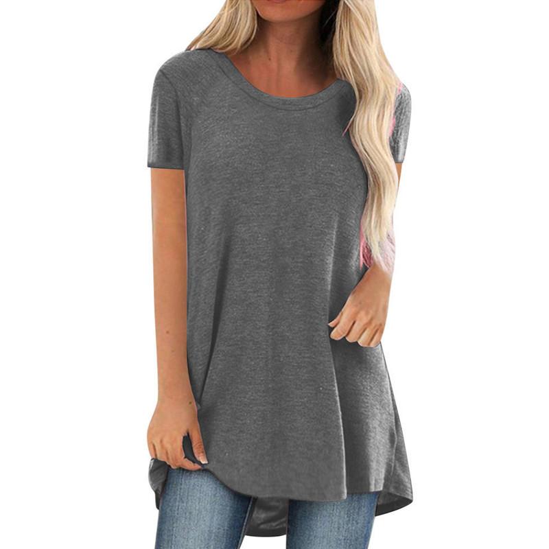 Women's Solid Color V-Neck Short Sleeve Longline T-Shirt Casual Loose Fit Summer Basic Tee Top Plus Size S-5XL