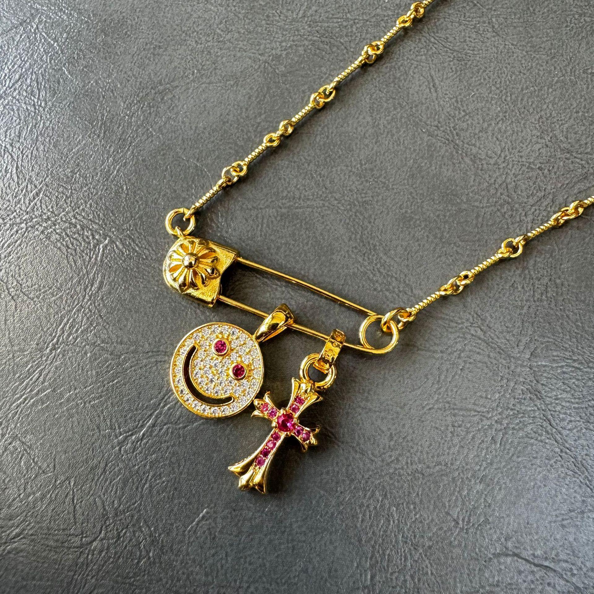 S925 Sterling Silver Gold-Plated Cross Smiley Face Necklace with Clavicle Chain for Men and Women