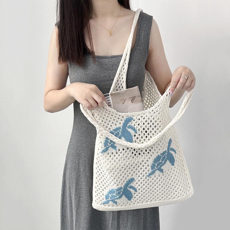 Women's Lightweight Foldable Beach Tote Bag Animal Print Hollow Weave Crochet Design Shoulder Bag for Travel Shopping & Casual Outings KTY