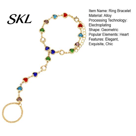Girly Style Bracelet Hand Chain with Ring for Women, Colorful Heart Shaped Lightweight Jewelry Faux Crystal Healing Jewelry, Gifts Best Friend Sister